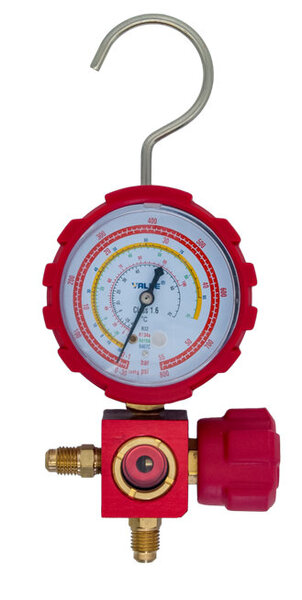 Manomètre 1 voie sous blister HP rouge (R32, R134a, R410A &amp; R407C) sans flexible TF-VMG1-S-H-R32